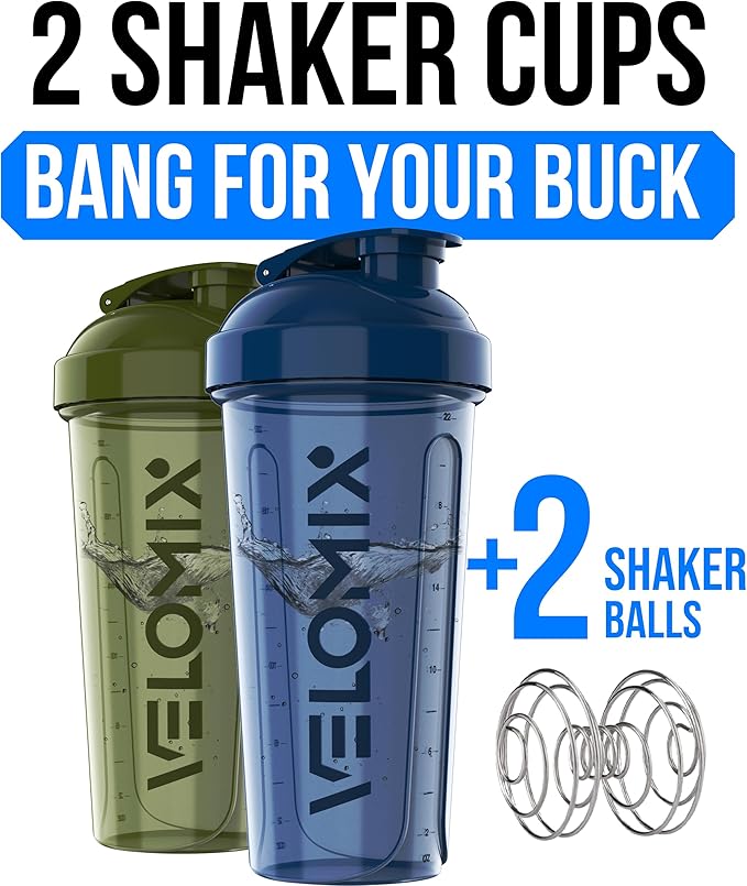 VELOMIX -2 Pack- 28 oz Protein Shaker Bottles for Protein Mixes - 2x Wire Whisk | Leak Proof Shaker Cups for Protein Shakes and Pre Workout | Protein Shaker Bottle Pack (A2) Blue/Green