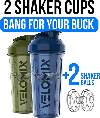 VELOMIX -2 Pack- 28 oz Protein Shaker Bottles for Protein Mixes - 2x Wire Whisk | Leak Proof Shaker Cups for Protein Shakes and Pre Workout | Protein Shaker Bottle Pack (A2) Blue/Green