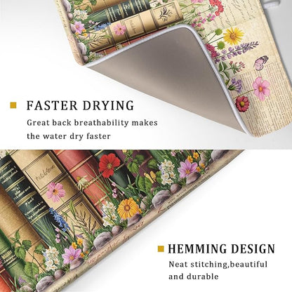 Vintage Books Dish Drying Mat - Retro Flower Kitchen Countertop Cloth Pad 18 x 24 In - Image 3