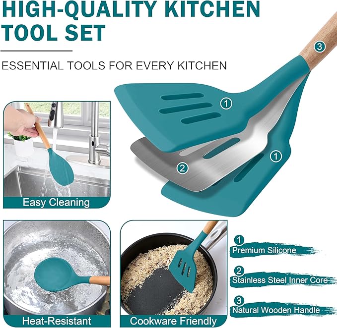 Herogo 8 Pcs Non-Stick Silicone Kitchen Utensils Set, Heat-Resistant Food-Grade Cooking Utensils with Wooden Handle, Includes Spatula Spoon Turner Server Whisk Ladle for Baking, Cooking (Navy Blue) - Image 5