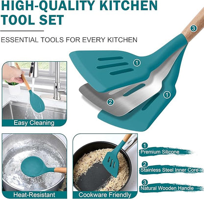 Herogo 8 Pcs Non-Stick Silicone Kitchen Utensils Set, Heat-Resistant Food-Grade Cooking Utensils with Wooden Handle, Includes Spatula Spoon Turner Server Whisk Ladle for Baking, Cooking (Navy Blue) - Image 5