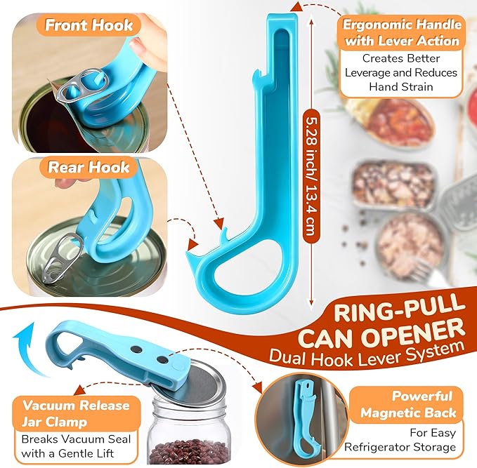 2 Pack 2-IN-1 Ring Pull Can Opener and Canning Jar Opener with Magnets,Can Openers for Seniors,Arthritis,Parkinson’s,Mason Jar Openers for Weak Hands,Releases Vacuum Seal,Magnetic Refrigerator Storage