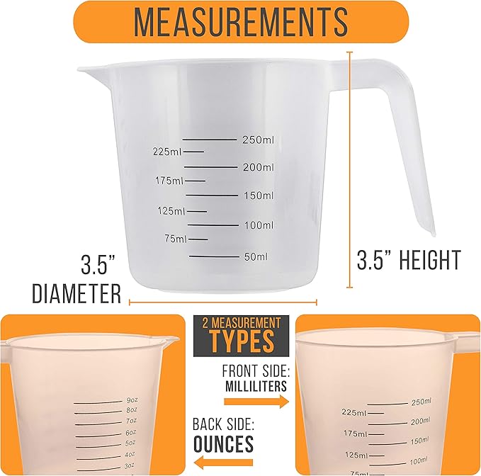 U.S. Kitchen Supply Plastic Measuring Cups with Handles - 8 oz (250 ml) Liquid Measuring Cup Set of 6 - Clear Microwave Safe Kitchen Cups - Measure in mL or Ounces, Measurement Cup for Cooking - Image 3