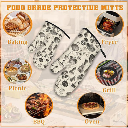 Vintage Mushroom Forest Oven Mitts and Pot Holders,Heat Resistant Oven Mitts Gloves and Pot Holder for Home Kitchen Decorations Cooking Baking BBQ Gifts,Set of 4