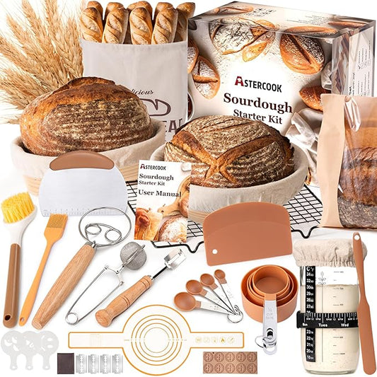 Astercook Sourdough Starter Kit with Round & Oval Banneton Bread Proofing Basket, Bread Sling, Starter Jar, Dough Whisk, Scrapers, Stencils, Complete Sourdough Bread Baking Supplies, Mothers Day Gifts by Astercook