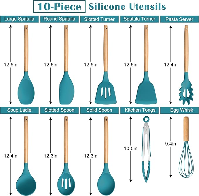 E-far Blue Silicone Cooking Utensils Set, 10-Piece Kitchen Utensils Set with Wooden Handle for Nonstick Cookware, Heat Resistant Kitchen Nonstick Tools Spatula Whisk Tongs Ladle, Non-toxic & Healthy - Image 2