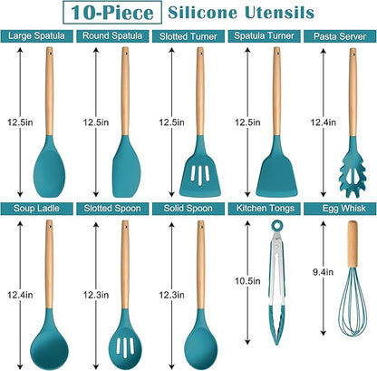 E-far Blue Silicone Cooking Utensils Set, 10-Piece Kitchen Utensils Set with Wooden Handle for Nonstick Cookware, Heat Resistant Kitchen Nonstick Tools Spatula Whisk Tongs Ladle, Non-toxic & Healthy - Image 2