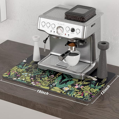 Rnivvi Coffee Mat, 12" x 19" Cute Flower Theme Coffee Bar Mats for Espresso Machine Station Accessories and Organizer, Hide Stain Rubber Backed Absorbent Dish Drying Pad for Kitchen Counter, Black - Image 2