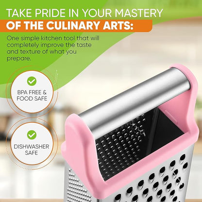 Spring Chef Professional Stainless Steel XL Parmesan Cheese Grater with Handle - 4 Sided Box Grater for Kitchen - Dishwasher Safe Carrot Shredder for Potato, Vegetables, Ginger - Pink Lemonade - Image 5