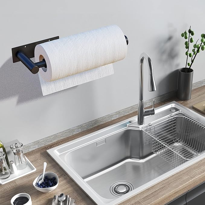 DEKAVA Under Cabinet Wall Mount Paper Towel Holder, Self-Adhesive Bar, Stainless Steel 13 inch (Black) - Image 2