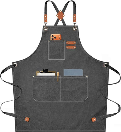 AFUN Chef Aprons for Men Women with Oversized Pockets, 16-Ounce Cotton Canvas Cross Back Heavy Duty Work Apron (Grey) by BringYouaFun