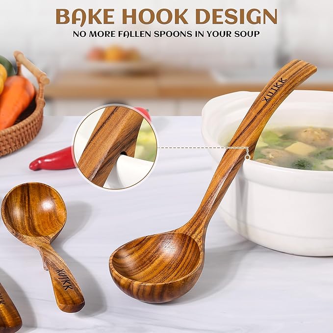 Wooden Ladle for Soup, Set of 3 Natural Teak Wood Ladle with Back Hooks, Wooden Soup Ladle for Cooking, Serving and Stirring | Comfortable Grip, Heat-Resistant &Non-Stick Teak Wooden Utensil Set - Image 3