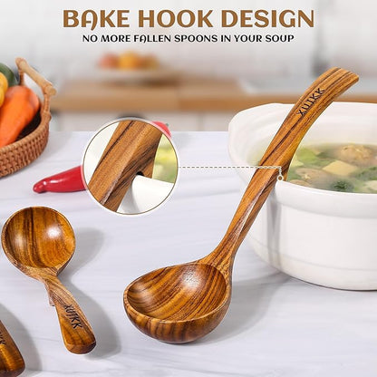 Wooden Ladle for Soup, Set of 3 Natural Teak Wood Ladle with Back Hooks, Wooden Soup Ladle for Cooking, Serving and Stirring | Comfortable Grip, Heat-Resistant &Non-Stick Teak Wooden Utensil Set - Image 3