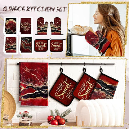 Leinuosen 8 Pcs Burgundy Marble Kitchen Towels and Dishcloths Sets Oven Mitts and Pot Holders Sets Absorbent Kitchen Gloves Potholders Heat Resistant for Chef Baking Cooking