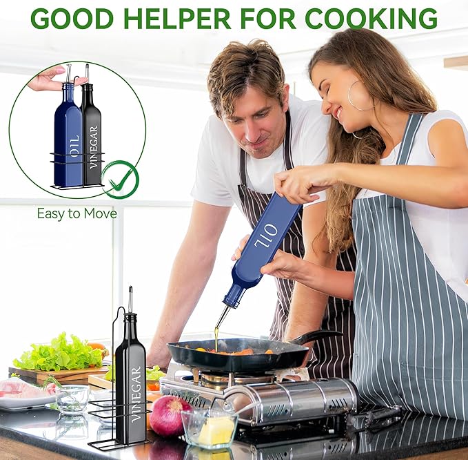 Vakoo Oil and Vinegar Dispenser Set - 17oz/500ml, Extra Thick Glass, Leak-Proof, Olive Oil Dispenser Bottle for Kitchen (Blue Black) - Image 7