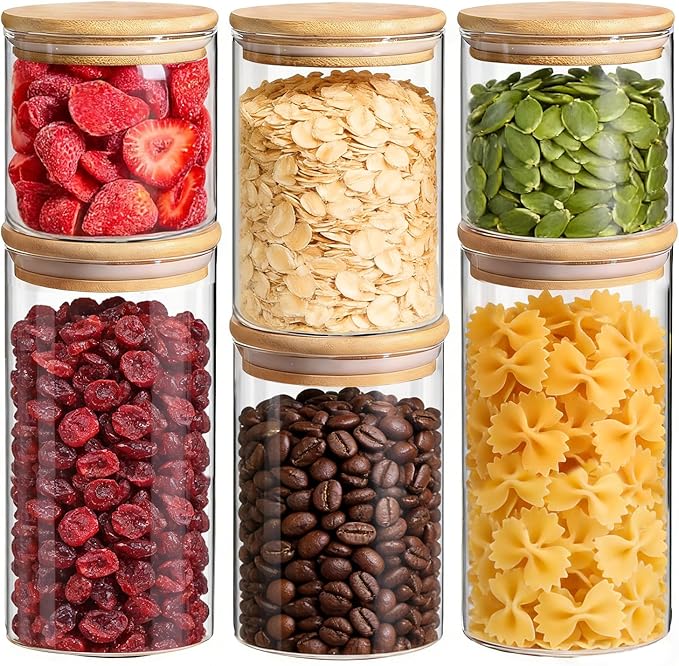 ComSaf Glass Storage Containers with Lids (0.6qt/1qt/1.5qt) Set of 6,Glass Pantry Storage Containers with Airtight Lid & lables for Dry Food, Snacks, Nuts, Stackable for Kitchen, Pantry Organization by ComSaf