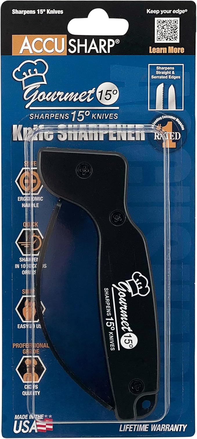 AccuSharp Gourmet Series, 15 Degree Knife Sharpener for Gourmet Knives, Diamond-Honed Tungsten Carbide Reversible Blades, Hones & Refines Straight-Edge or Serrated Gourmet Knives, Hand-Held, Black - Image 3