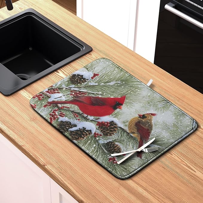 Winter Dish Drying Mat for Kitchen Counter 18x24 Inch Christmas Red Birds Drying Mats Xmas Holiday Microfiber Absorbent Dishes Drainer Mats Cardinal Dish Rack Pad - Image 6