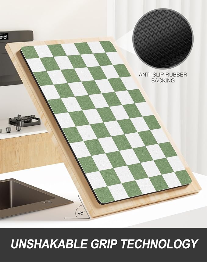 Rnivvi Dish Drying Mat for Kitchen Counter, 12 x 19" Cute Checkered Absorbent Draining Pad, Non-Slip Heat Resistant Coffee Bar Mats for Coffee Machine Station Accessories, Green White Dish Rack Pad - Image 5