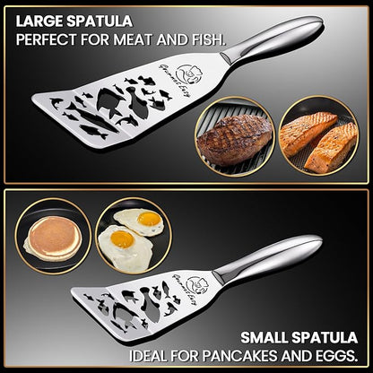Stainless Steel Fish Spatula Set – Funky Fish Edition, 1 Large Fish Turner + 1 Small Metal Spatula, Ultra-Thin Edge for Easy Turning & Flipping, Ergonomic Non-Slip Handle, Dishwasher Safe - Image 3