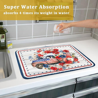 Patriotic Truck Dish Drying Pad 4th of July Drying Mat for Kitchen Counter Coffee Bar Sinks 18 X 24 Inch - Image 7