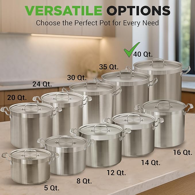 NutriChef Stainless Steel Stock Pot with Lid 40 Qt | Non-Reactive 8/8 Interior Induction Pot with Even Heat Base | Compatible with Gas, Ceramic, and Halogen Cooktops | 500°F Max, 20.45 x 15.3 Inches