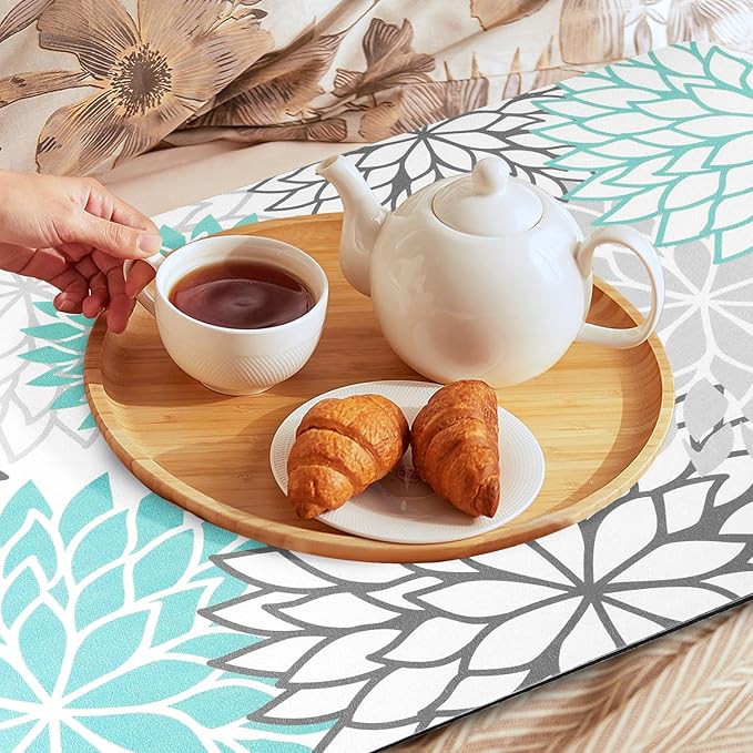 Findosom 2PCS 17" x 32" Dish Drying Mat & 24" x 5.5" Sink Splash Guard, Super Absorbent & Cuttable Dish Mat Drying Kitchen Mat with Teal Floral, Hide Stain Drying Mat for Kitchen Counter - Image 7