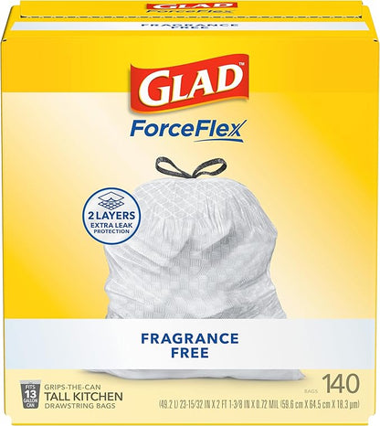 Glad ForceFlex Tall Kitchen Drawstring Trash Bags, 13 Gal, Fragrance Free, 140 Ct (Package May Vary) by GladTrashFoodStorage
