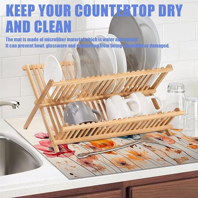 Poppy Dish Drying Mat for Kitchen Counter Wild Flower Drying Pad Absorbent Reversible Dish Drainer Rack Mats Draining Pad 18"x24"Inch - Image 5