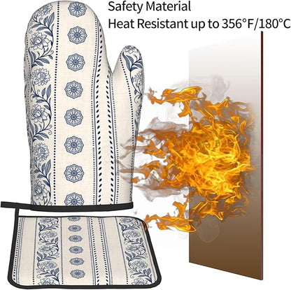 Boho Oven Mitts Set – Vintage Floral Pot Holders Kitchen Gloves for Women Bohemian Kitchen Mitts Potholders Set of 2 Durable for Cooking & Baking - Image 5