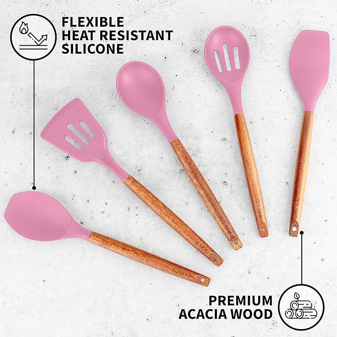 Zulay Kitchen Non-Stick Cooking Utensils Set with Authentic Acacia Wood Handles – 5-Piece Durable & Stylish Silicone Kitchen Utensils Set – Heat Resistant to 464°F – Pink - Image 2