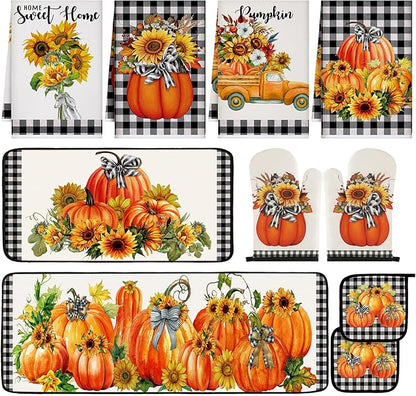 Fanfanwin 10 Pcs Thanksgiving Pumpkin Kitchen Decor Set Kitchen Towels Pot Holders Oven Mitts and Rugs Set Thanksgiving Decor for Baking Cooking BBQ Autumn Home
