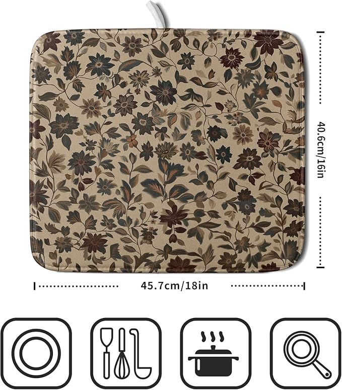 Giwawa 16"x18" Vintage Floral Decorative Dish Drying Mat- Rustic Boho Flowers Dish Drainer Mats- Abstract Antique Plant Reversible Microfiber Dish Drying Pad for Kitchen Countertop Sink Decor