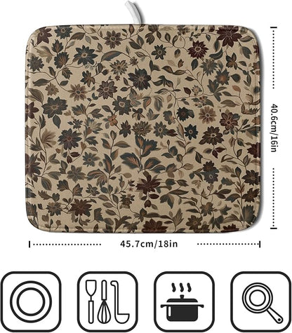 Giwawa 16"x18" Vintage Floral Decorative Dish Drying Mat- Rustic Boho Flowers Dish Drainer Mats- Abstract Antique Plant Reversible Microfiber Dish Drying Pad for Kitchen Countertop Sink Decor
