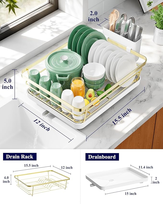 Kitsure Dish Drying Rack for Kitchen Counter, Stainless Steel Sink Organization and Storage Essentials with Cutlery Holder, Home and Appartment Decor, 12''W x 15.5''L, Gold - Image 2