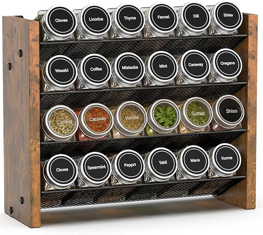 NESAPTO Spice Rack Organizer for Cabinet, Wood 4-Tier Vertical Seasoning Organizer, Wall Mount or Countertop Spice Shelf, Holds 24 Jars (No Jars Included), 12.2" W x 9.4" H