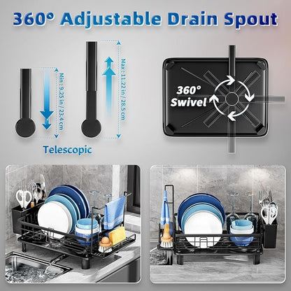 Dish Drying Rack, Stainless Steel-Dish Rack, Dish Racks for Kitchen Counter, Kitchen Dish Drainers with Removable Utensil Holder,New drain outlet,Plate Rack and Drainboard,(Black2 with Sponge Rack ) - Image 3