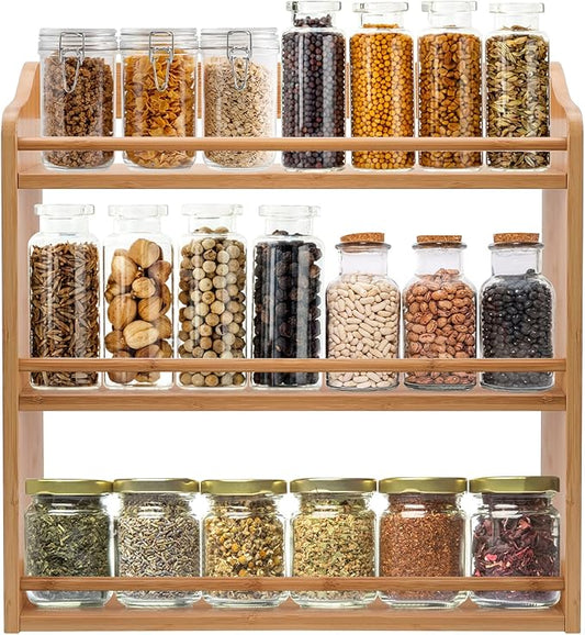 3 Tier Bamboo Spice Rack, Seasoning Jars Rack Shelf Spice Organizer for Kitchen Counter or Wall Mounting by FoverOne