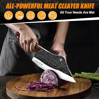 MDHAND Butcher Knife Set, 14PCS Hand Forged Professional Chef Knife Set with Roll Bag, Sharp Meat Cleaver Knife & Bone Chopper Knives & Fillet Knife for Home Kitchen & Camping BBQ, Gifts for Men Women