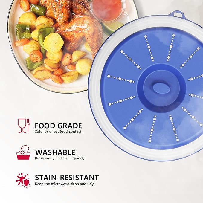 WVM Microwave Splatter Cover Vented for Food with Hook Hole, Splatter Guard & Colander Kitchen Gadget for Food, Meal Prep, Blue - Image 3