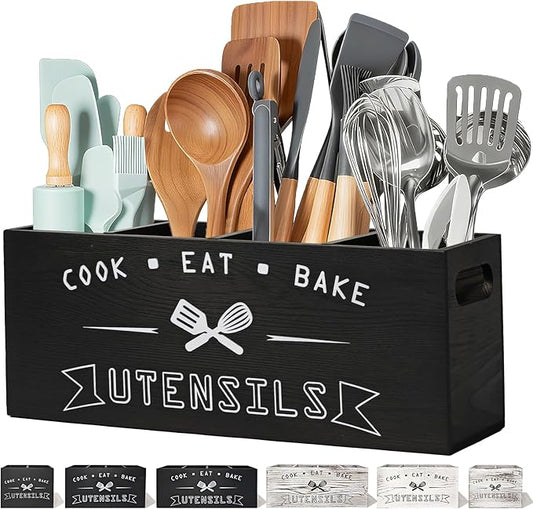 Extra Large and Durable Black Wooden Kitchen Utensil Holder - Ideal Kitchen Decor for Countertop with Party and Home Use （black Extra Large）