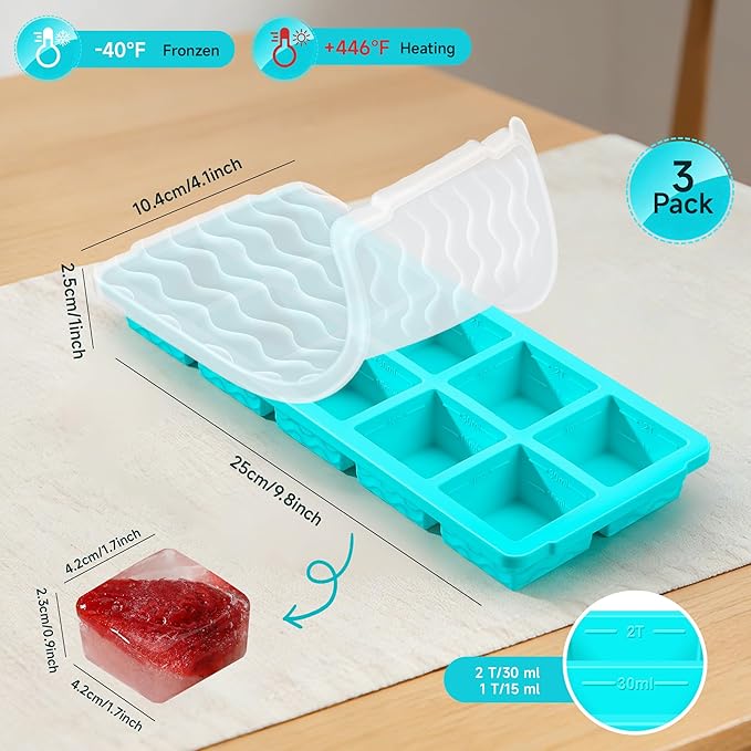 Ice Cube Tray with Lid – 3 Pack 2 Tbsp Ice Trays for Freezer, Stackable, BPA-Free, Easy Release Large Ice Cube Molds for Chocolate, Cocktails, Iced Coffee, Whiskey & Juice (10-cube,blue)