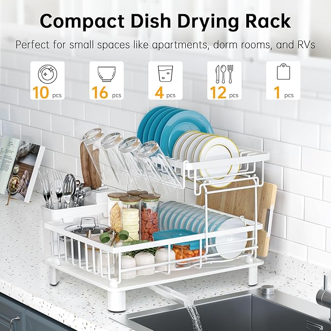 Dish Drying Rack, 2 Tier Dish Racks for Kitchen Counter, Compact Dish Drainer Rack, Detachable Dish Rack with Drainboard, Utensil Holder, Cup Holder for Small Space - White - Image 3