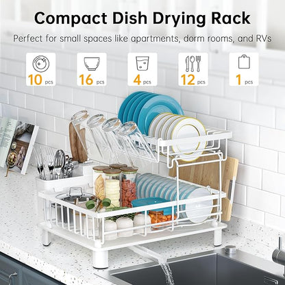 Dish Drying Rack, 2 Tier Dish Racks for Kitchen Counter, Compact Dish Drainer Rack, Detachable Dish Rack with Drainboard, Utensil Holder, Cup Holder for Small Space - White - Image 3