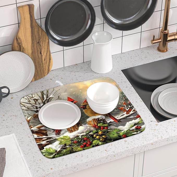 Winter Dish Drying Mat for Kitchen Counter 16x18 Inch Red Birds Cardinal Tree Christmas Theme Print Absorbent Reversible Microfiber Drying Mats Kitchen Countertop Protector Dishes Drainer Rack Pad - Image 6