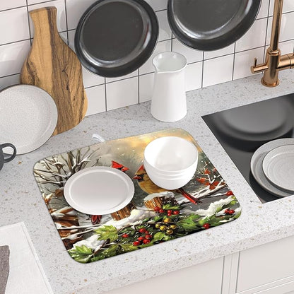 Winter Dish Drying Mat for Kitchen Counter 16x18 Inch Red Birds Cardinal Tree Christmas Theme Print Absorbent Reversible Microfiber Drying Mats Kitchen Countertop Protector Dishes Drainer Rack Pad - Image 6