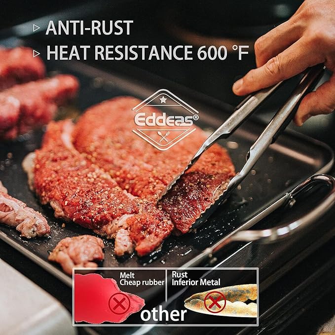 EDDEAS Grill Tongs - BBQ Tongs Heat Resistant 600 Degrees, Heavy Duty Metal, Perfect for Cooking, Grilling, Set of 4, 7",9",12" & 14 inch Black - Image 4