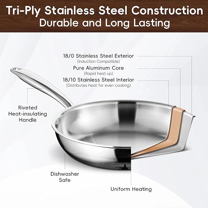 SuperCook Stainless Steel 12 Inch Tri-Ply Frying Pan, Large Frying Pan, Stainless Steel Skillets, Non-Toxic, Multiclad, Induction Oven Compatible, Dishwasher Safe