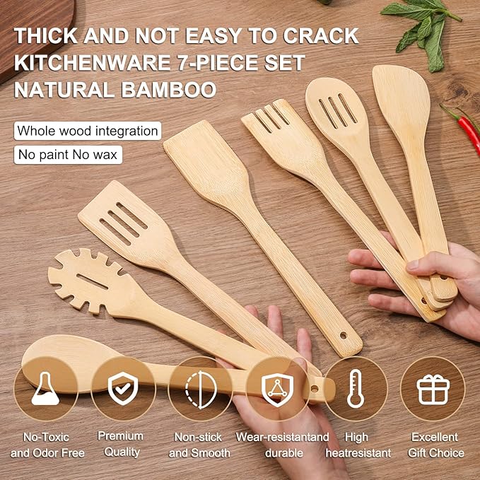 [7-PCS] Wooden Spoons for Cooking is for All Kitchen. Made From Bamboo Wood, Wooden Spatula & Wooden Spoon 11.8 in. and Non-Stick Surface, Suitable for Home & Chef Use or Gift for Someone Special. - Image 5