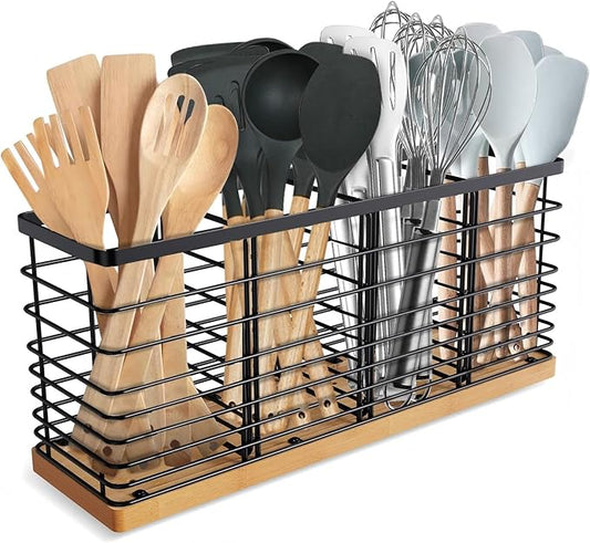 Suli Extra Large Kitchen Utensil Holder Countertop with 4 Compartments,Matte Black Metal holder with Wooden Base for Countertop,Farmhouse Utensil Organizer for counter,Rustic Cooking Utensil Organizer by Suli